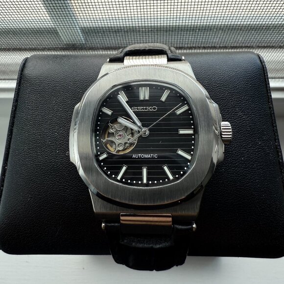 Seiko Mod Custom open heart black luxury leather strap dress watch - Picture 1 of 8